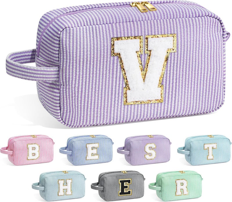 YOOLIFE Initial Makeup Bag for Women - Monogram Cute Makeup Bag Cosmetic Case Toiletry Pouch for Women Her Best Friend Sister Teacher, Personalized Birthday Gifts for Women, Purple V - Image 1